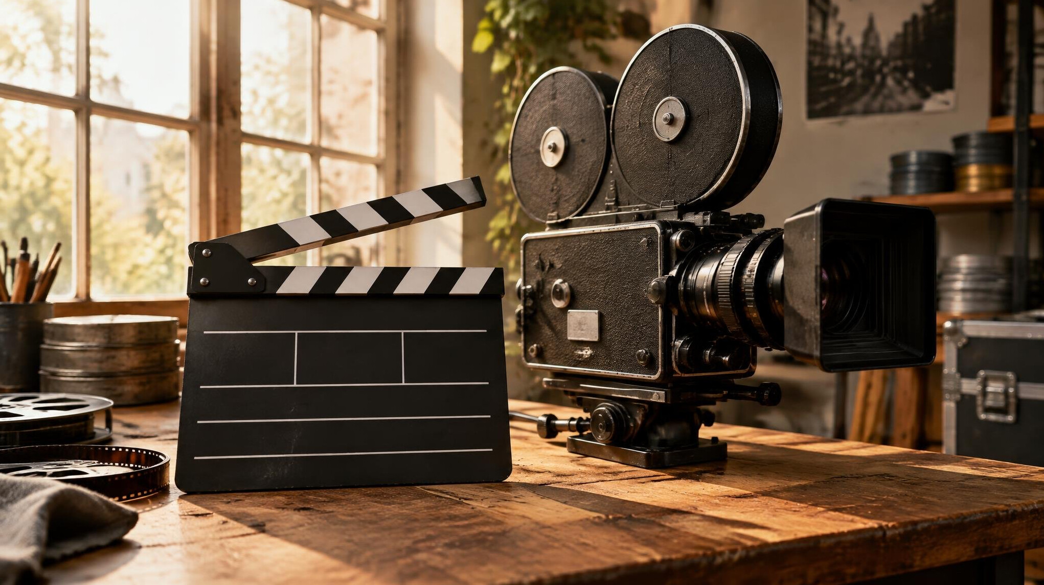 Vintage film camera and clapperboard on a production desk