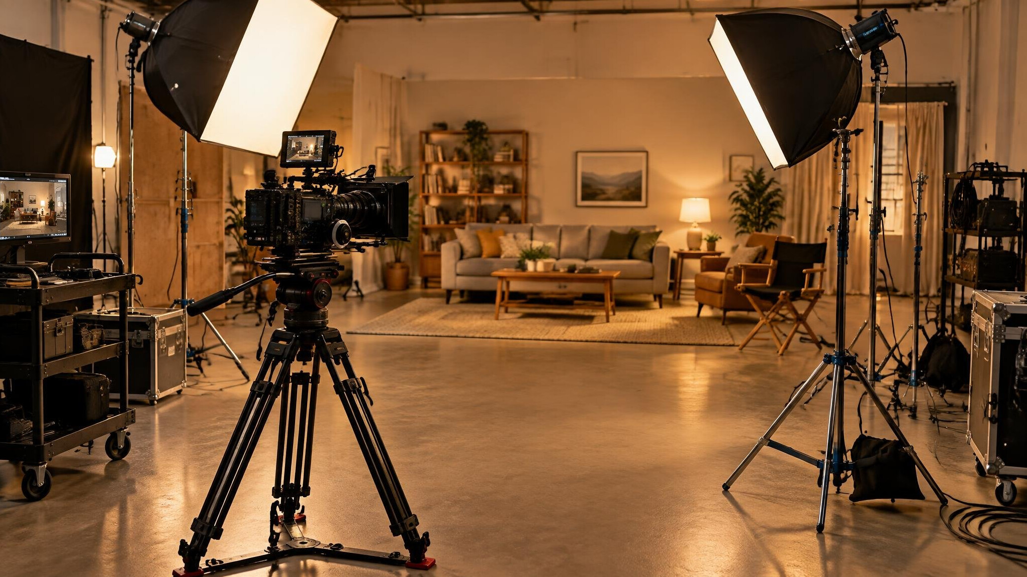 Film set with a cinema camera and lighting equipment