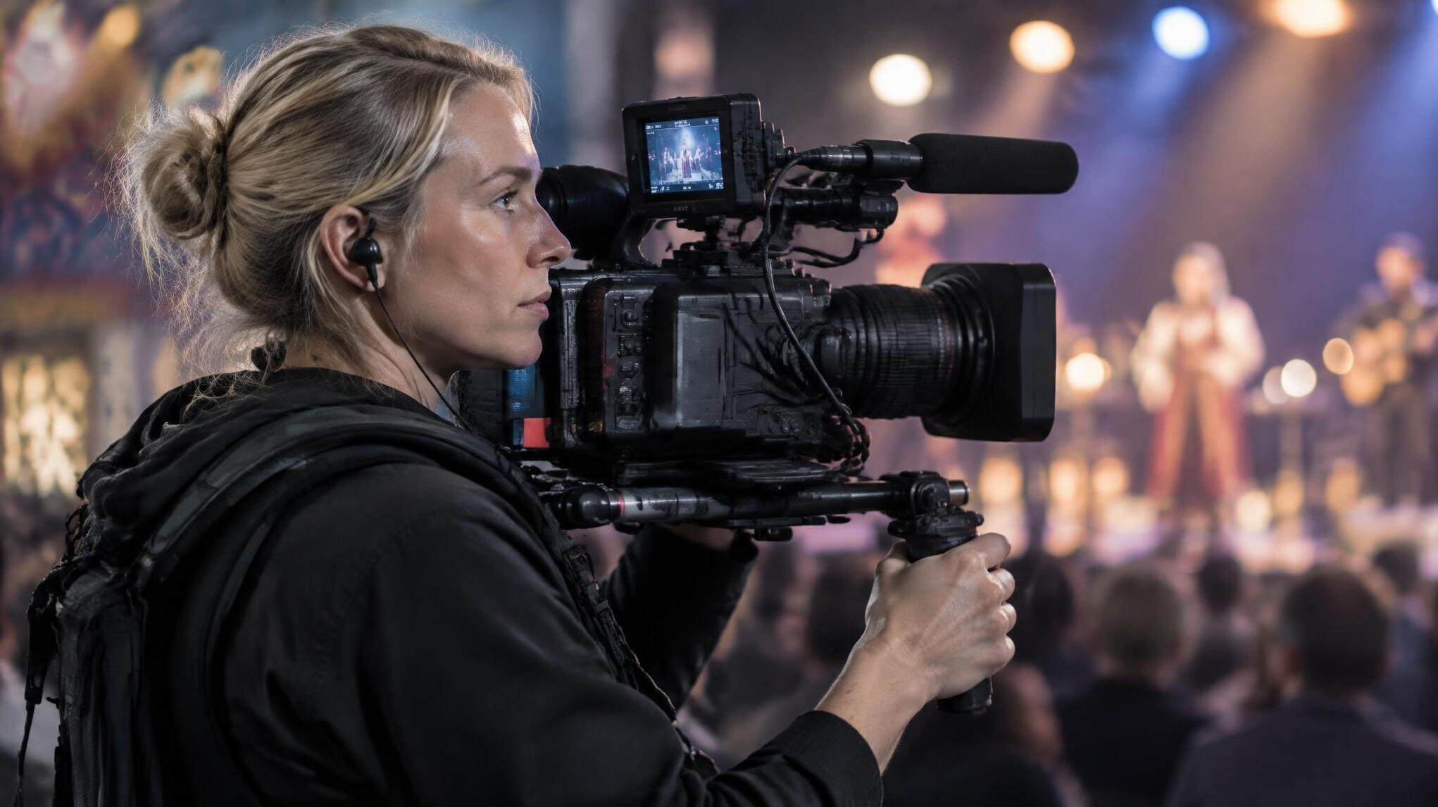 Camera operator filming a cultural event with a professional camera