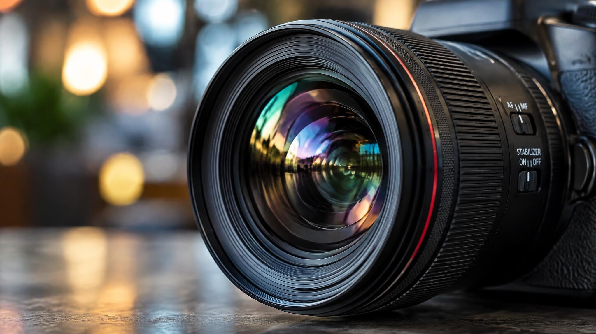 Camera lens close-up with soft background light